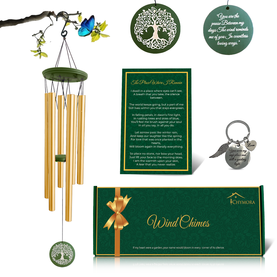 Chymora Premium Green memorial wind chime — full gift composite