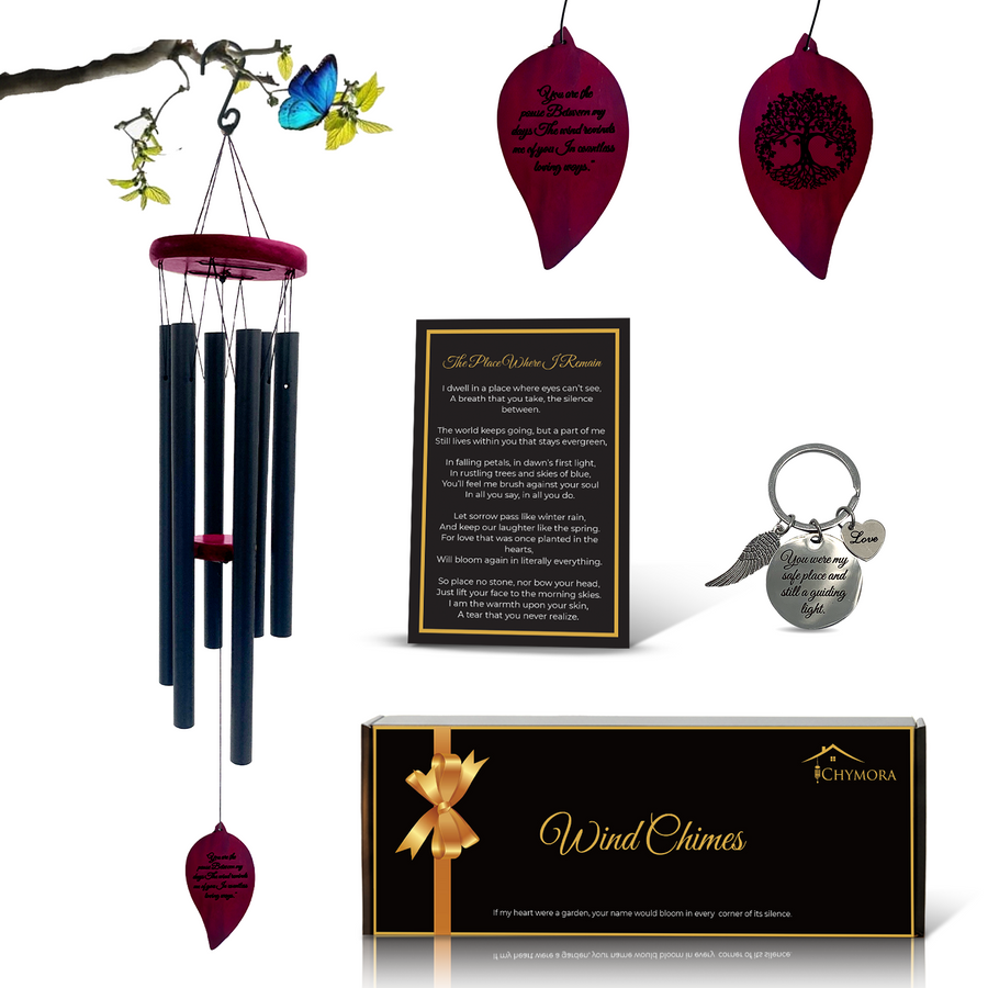 Chymora Memorial Wind Chime — Black Leaf — full gift composite