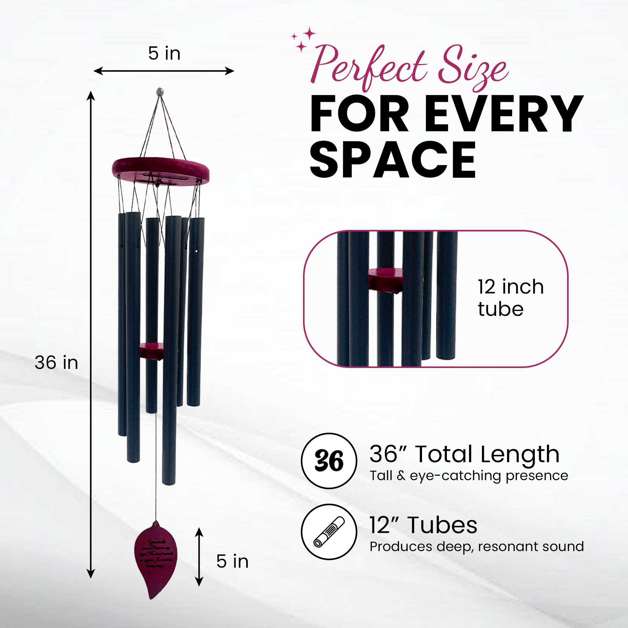 Chymora Memorial Wind Chime — Black Leaf — size diagram